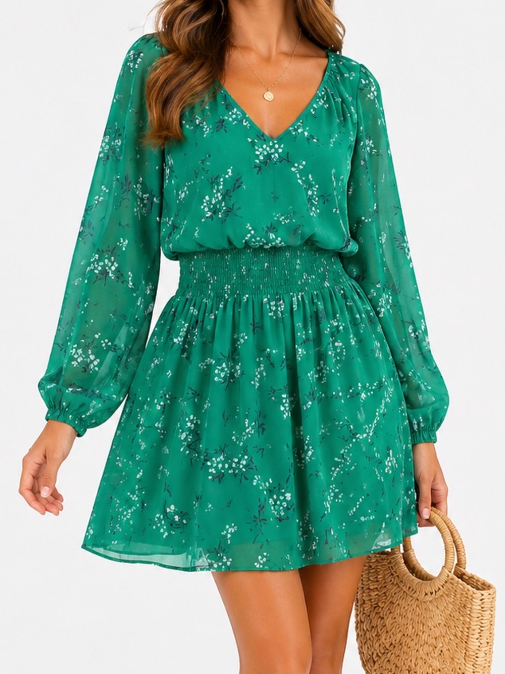 NWT Fantastic Fawn Green Floral Mini Dress Long Sleeve L Boho Spring Feminine